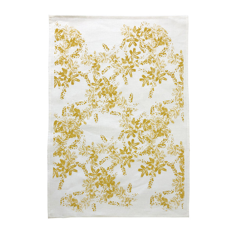 Linen wattle tea towel with yellow print